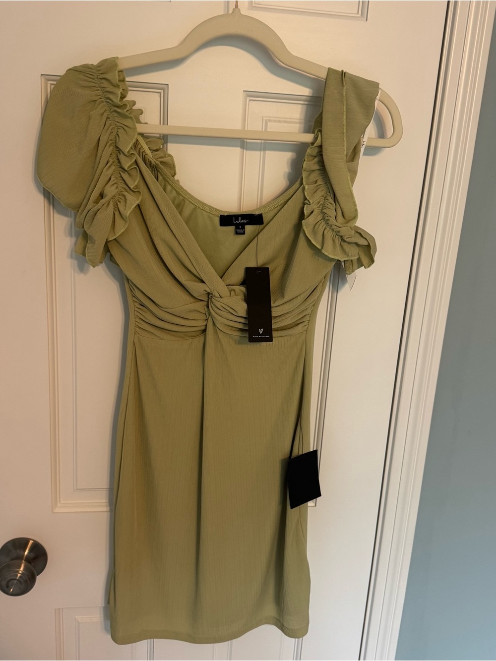 NWT Crushing on Cute Sage Green Flutter Sleeve Mini Dress Lulus twist front - Picture 5 of 10